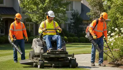 Miami, FL tree service team trimming trees for healthy lawn care and neat turf management