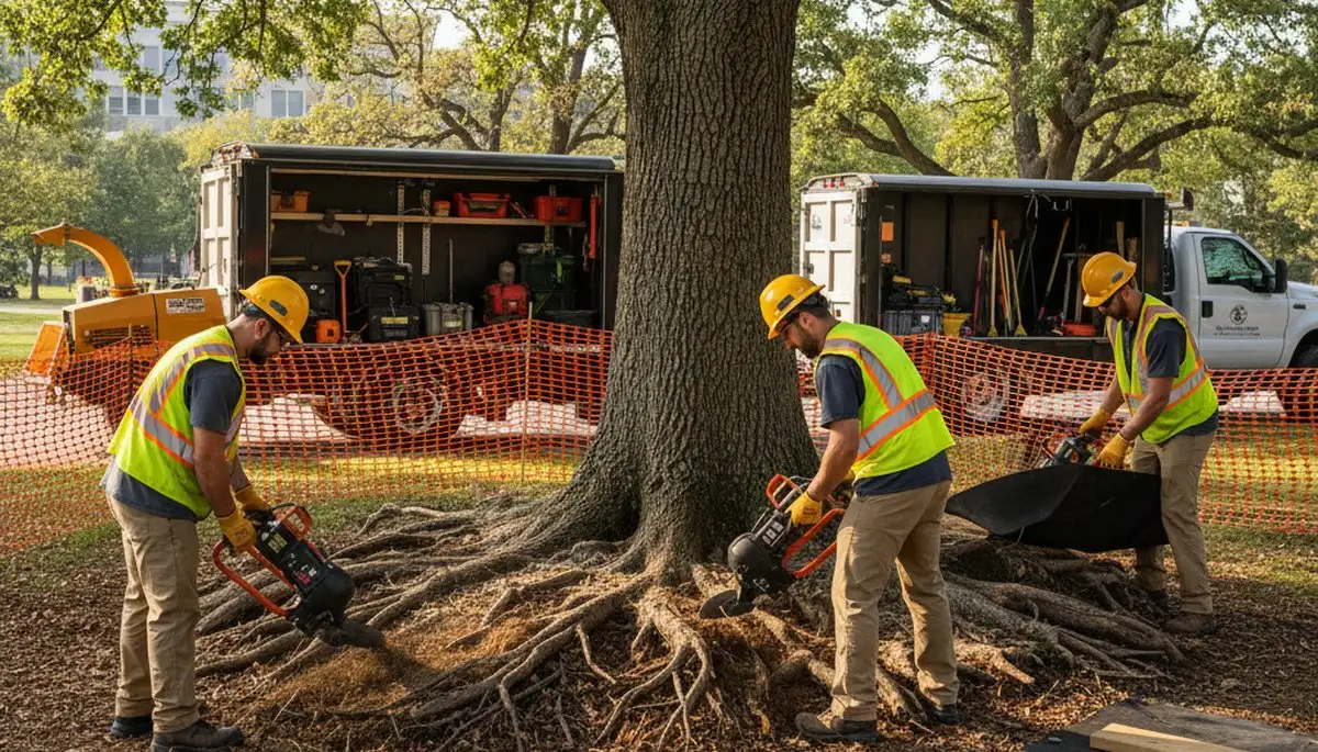 Miami, FL tree service crew protecting roots with professional root protection for homes and properties
