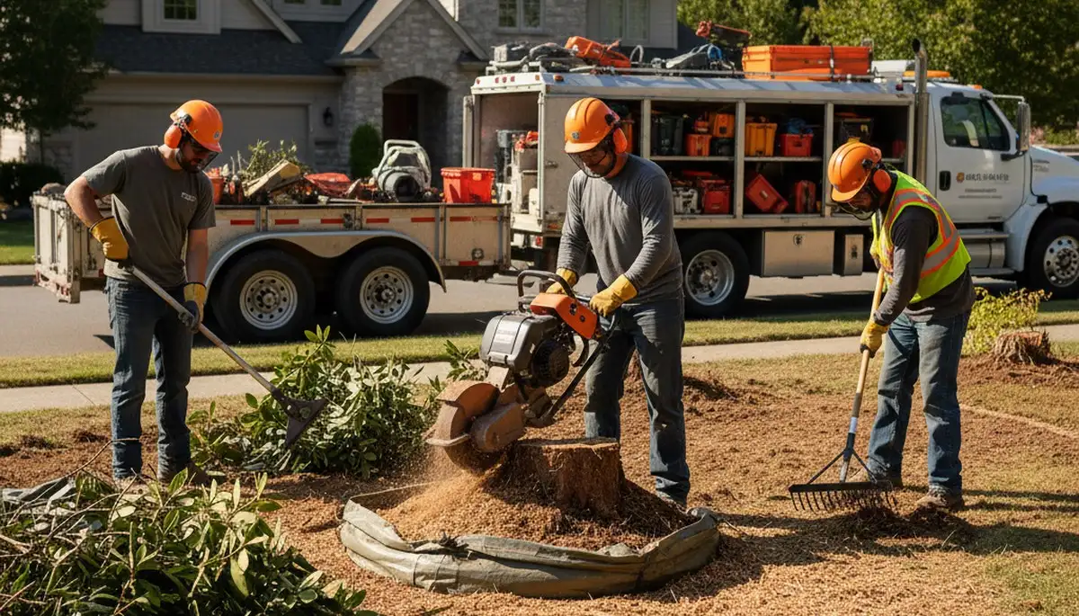 Miami, FL tree service crew removing overgrown shrubs for a clean, tidy yard