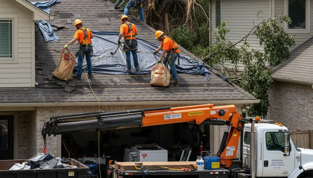 Miami, FL storm damage cleanup crew removing fallen tree debris from a property