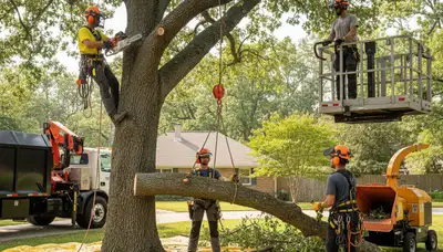 Miami, FL tree removal crew safely removing an unwanted tree near a home