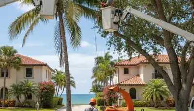Tree service crew in Miami, FL trimming trees for safe, professional property care
