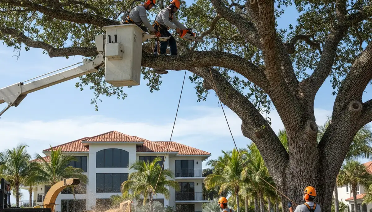 Miami, FL tree service crew trimming trees for safe, professional property maintenance