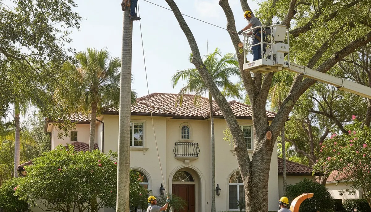 Tree service crew in Miami, FL trimming trees for a residential property