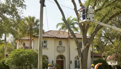 Tree service crew in Miami, FL trimming trees for a residential property