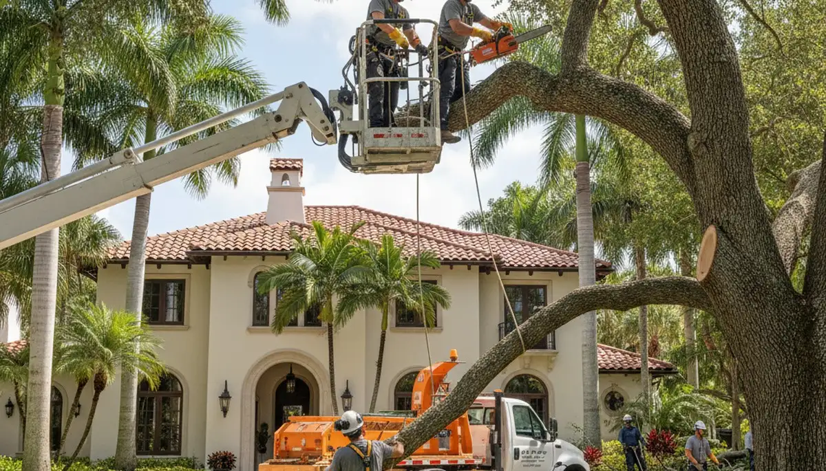 Miami, FL tree service crew trimming trees for residential property maintenance