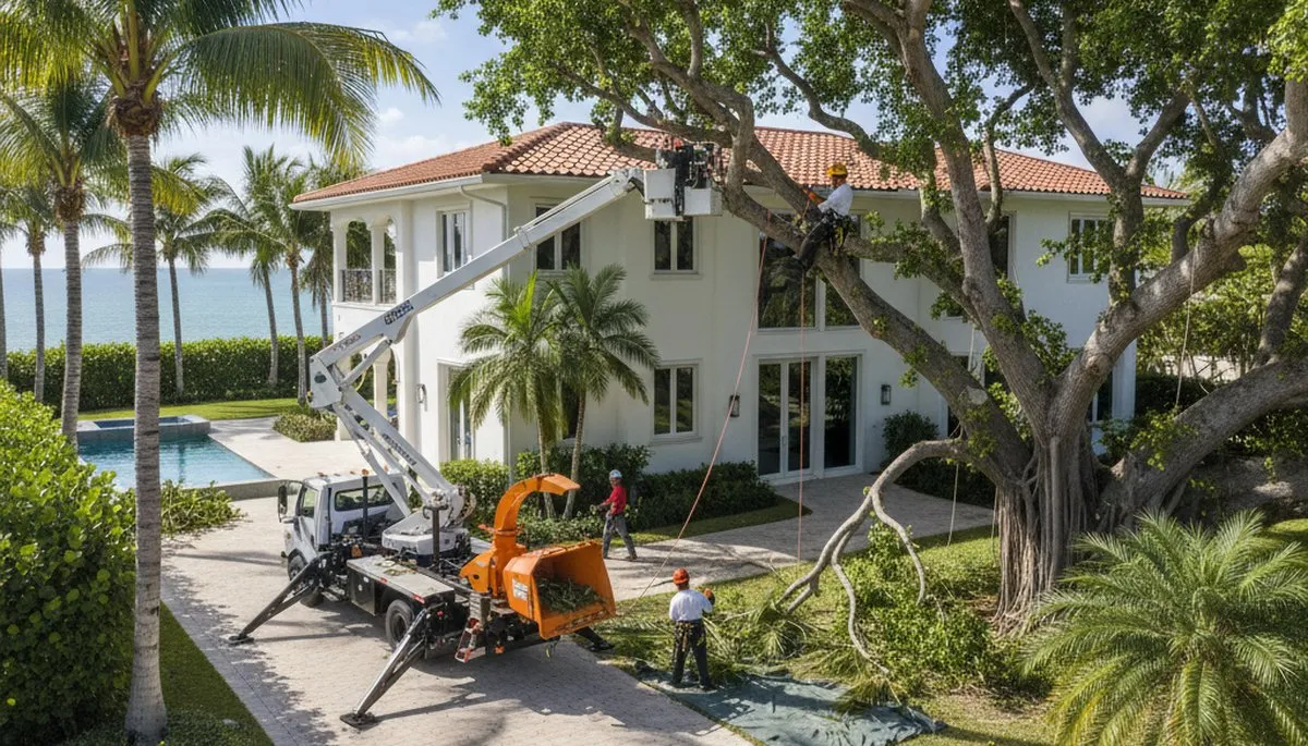 Tree service crew trimming trees in Miami, FL for safe, professional landscape maintenance