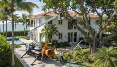 Tree service crew trimming trees in Miami, FL for safe, professional landscape maintenance