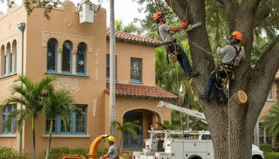 Miami, FL tree service team trimming trees for safe, professional landscape maintenance
