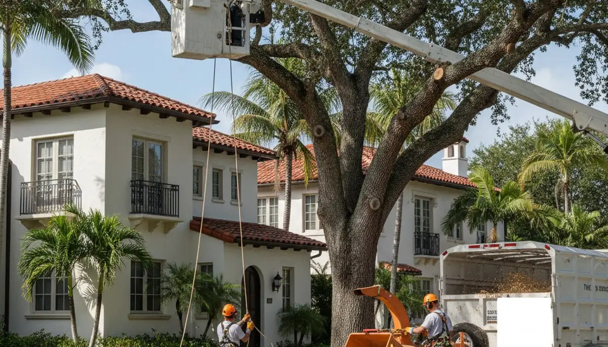 Tree service crew in Miami, FL trimming trees for residential property maintenance