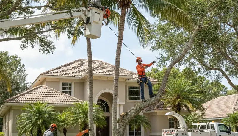 Miami, FL tree service crew trimming trees for safe, professional property maintenance