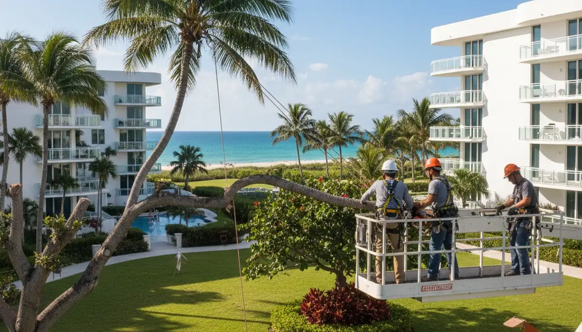 Tree service crew in Miami, FL trimming trees for safe, professional property maintenance